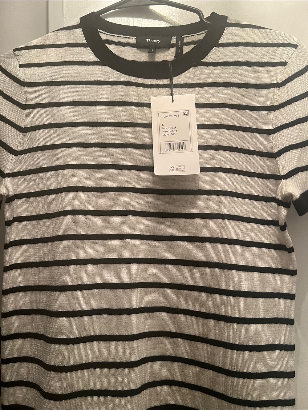Theory Black and Ivory Striped Short Sleeve Knit Top